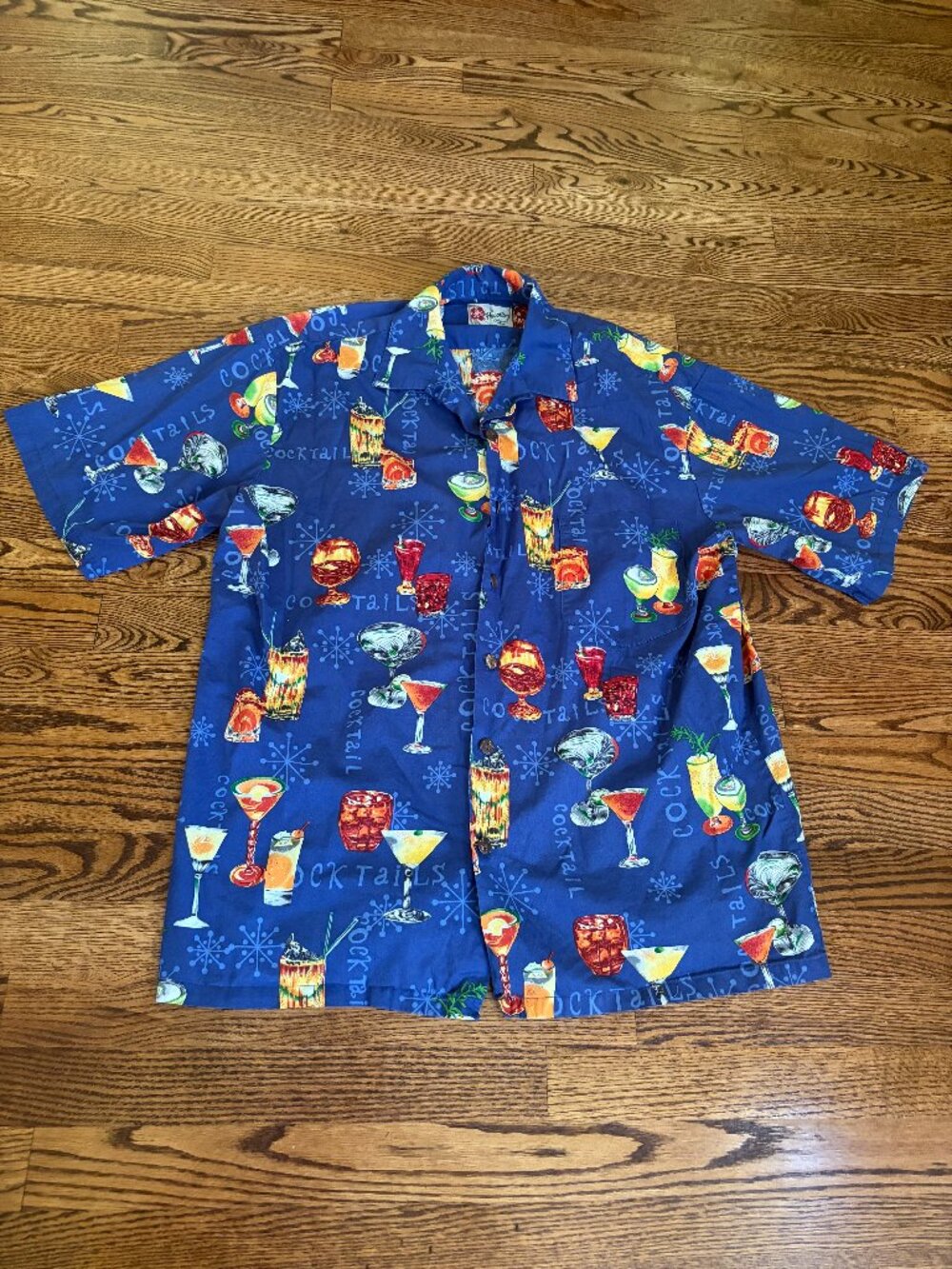 Vintage Hilo Hattie Martini Cocktail Hawaiian Shirt Blue Mens Size Large Cotton
